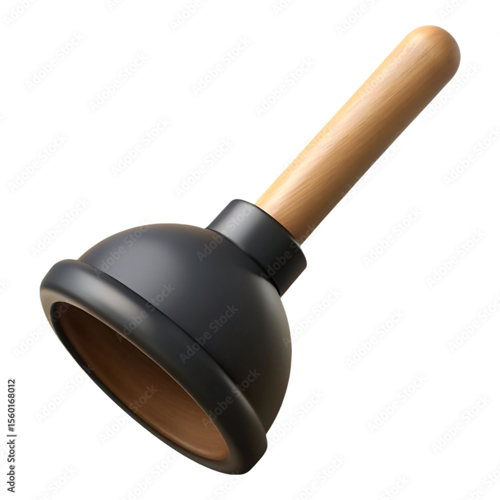 Poster 3 d render of a black plunger with a wooden handle angled on a black background isolated on a transp