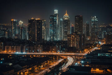 Fototapeta premium A cinematic blurred cityscape at night glowing with warm streetlights and distant neon reflections from tall buildings under a dark sky, captured with soft bokeh focus and atmospheric