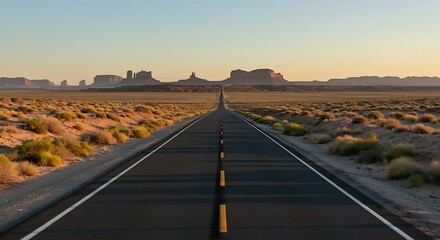 Obraz premium Desert road landscape with distant mesas at sunrise