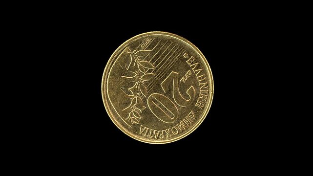 Greece 1990 20 drachmes coin obverse with denomination rotating on black background