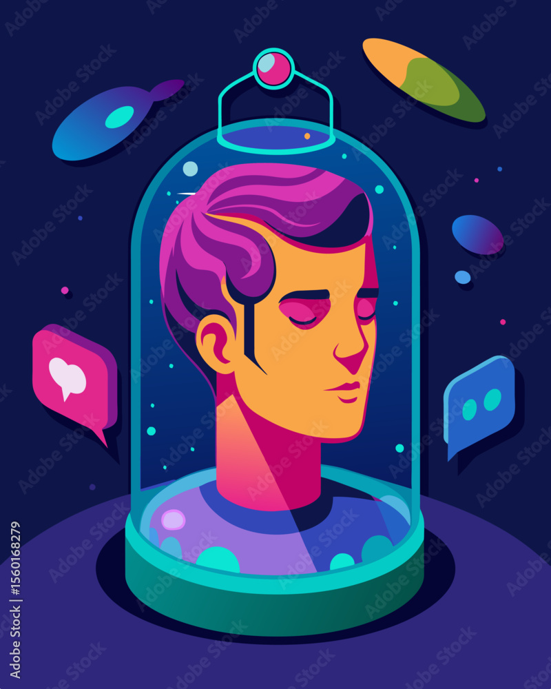 Poster a persons head encased in a glass chamber submerged in a neoncolored liquid that bubbles and churns 