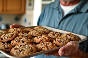 Homemade baked cookies on a tray held by an adult man at home kitchen