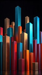 Abstract metallic bars in vibrant colors of blue red and gold arranged in a cityscape against a dark background