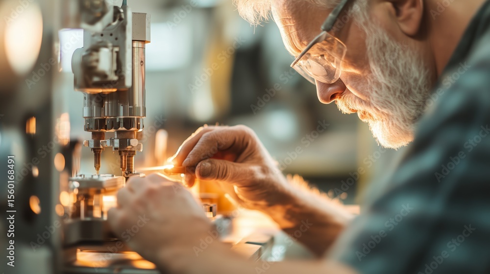 Poster craftsman operates precision machinery in workshop during late afternoon using skilled hands and foc