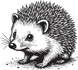 Whimsical Hedgehog Illustration: A detailed monochrome illustration of a charming hedgehog, showcasing its spiky exterior, small ears, and endearing features, captured in a simple, elegant.