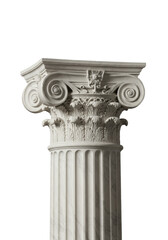 Obraz premium Antique white marble ionic column capital with prominent volutes and detailed classical frieze atop a fluted shaft, isolated on transparent background with shadowless studio lighting, concept of