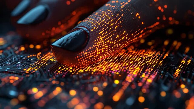 Fingers gracefully trace illuminated patterns on a textured surface, creating a stunning visual dance of glowing pixels that captivates the eyes and ignites the imagination in this artistic experience