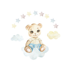 Teddy bear sitting on a cloud and stars. Hand drawn watercolor illustration isolated on white. For birthday cards, baby shower invitations, wallpapers and posters for childrens room.