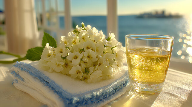 Relaxing ocean view with flowers and drink