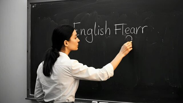 A teacher writes &ldquo;English Learning&rdquo; on the blackboard, focused and precise