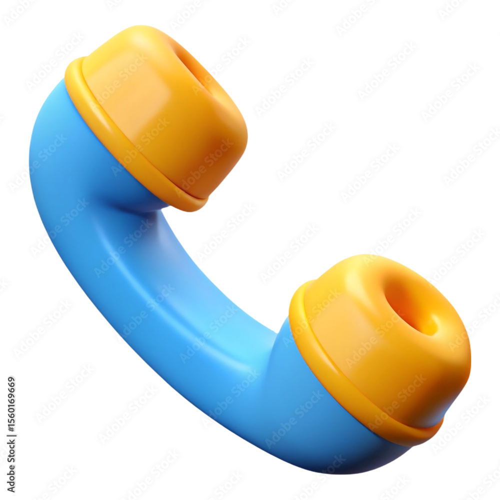 Poster 3 d render of a blue and yellow retro telephone handset with glossy finish and rounded shapes isolat