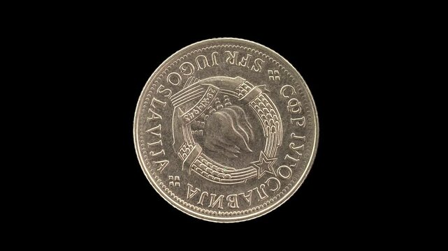 Yugoslavia 1978 10 dinara coin obverse with state emblem and national legend rotating on black background