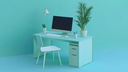 Minimalist Aqua Desk Setup with Plant and Computer