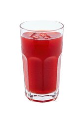 Refreshing glass with a bright red, fruit-filled beverage, topped with ice, showcasing a tall, clear glass
