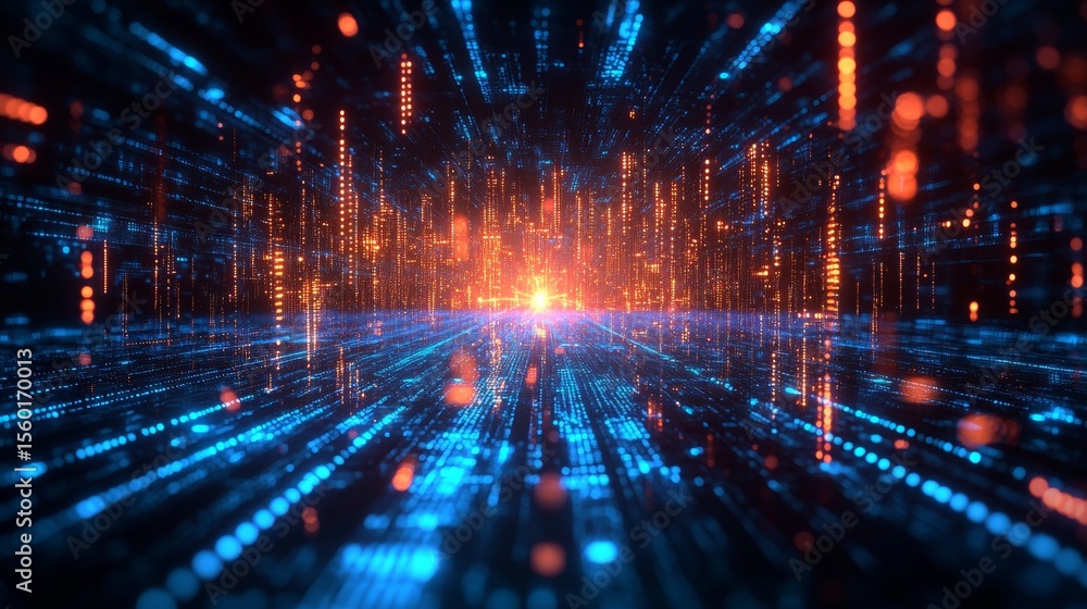 Aufkleber digital abstraction glows with blue and orange light, showing data streams and futuristic cityscape 