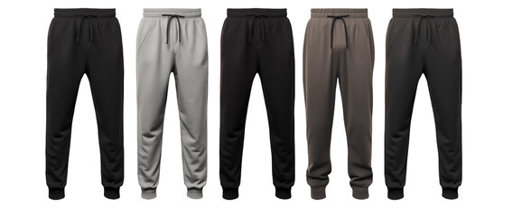 Display of comfortable sweatpants in various neutral colors on a black backdrop transparent PNG,...
