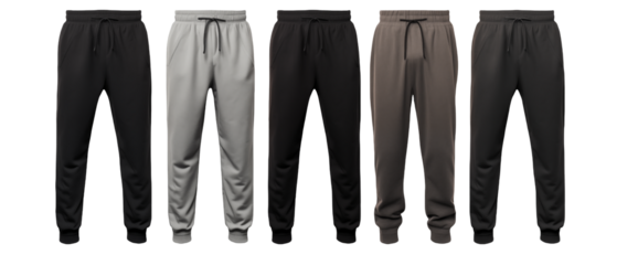 Display of comfortable sweatpants in various neutral colors on a black backdrop transparent PNG, isolated background 