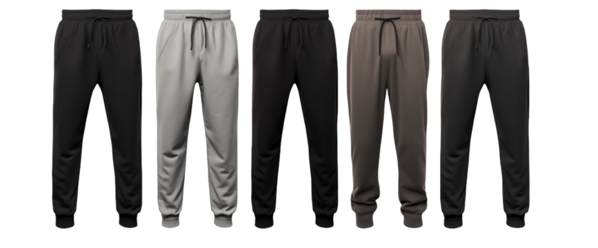 Display of comfortable sweatpants in various neutral colors on a black backdrop transparent PNG, isolated background 