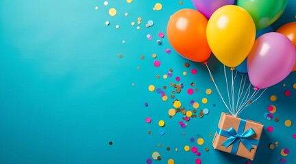 Overhead shot of colorful balloons and confetti floating above a gift birthday celebration