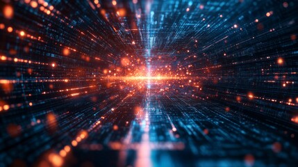 Fototapeta premium Data flows in a complex digital network, creating a futuristic technology background with vibrant blue and orange hues.