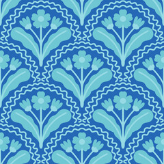 Floral arch seamless pattern. Scallop half circle geometrical botanical ornament. Art nouveau stylized hand drawn symmetrical blue flowers and leaves on bright background. Repeat allover backdrop