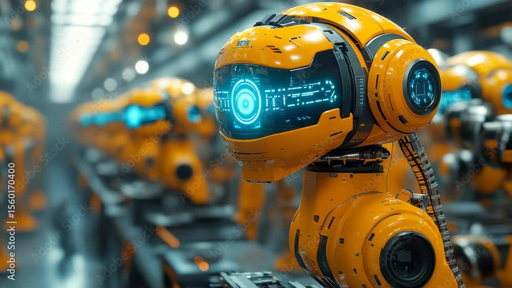 Poster explore a cutting edge factory filled with vibrant orange robots actively assembling products. witne