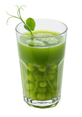 Refreshing vibrant green drink with whole peas in a tall glass, garnished with sprouts
