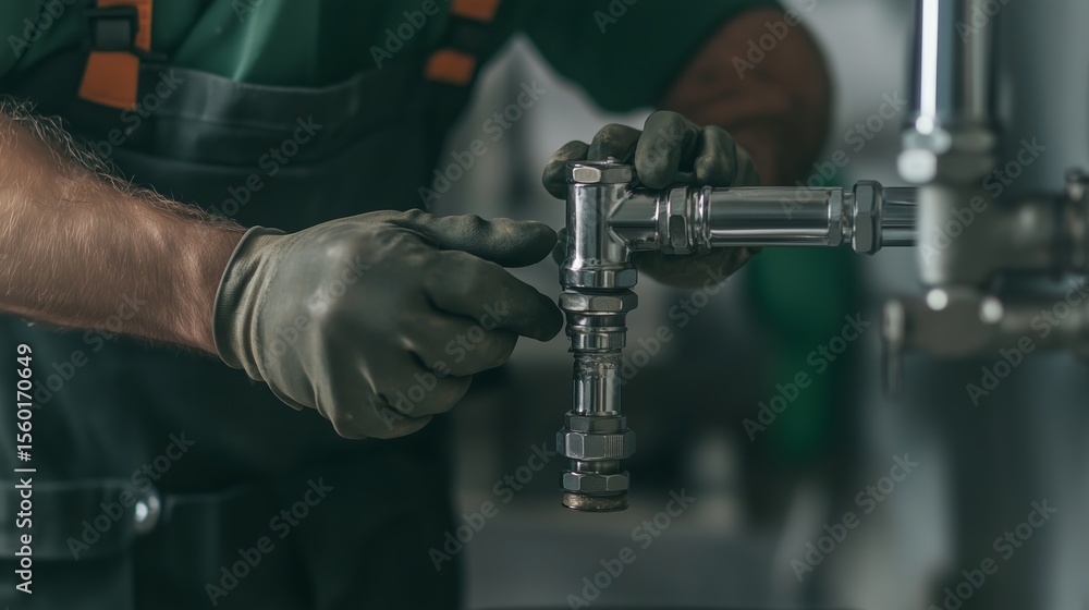 Poster plumber repairing a pipe fitting at a workshop during daylight using tools for installation and main