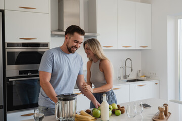 Couple Preparing Healthy Smoothie Together in Bright Modern Kitchen