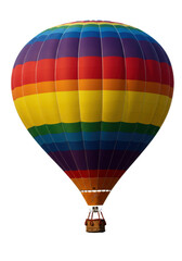 Naklejka premium A vibrant hot air balloon with crisp, multi-colored horizontal stripes and an intricate wicker basket, presented in a 3/4 view against a transparent, seamless studio background, concept for commercial