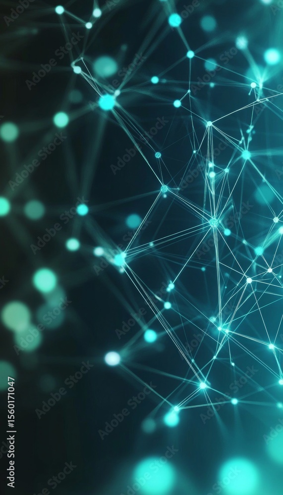 Aufkleber abstract polygonal network with interconnected turquoise dots and lines on a dark green background
