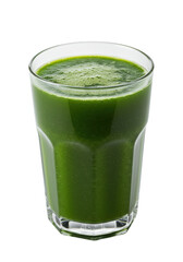 Vibrant green juice in a glass; smooth texture with bubbles. Healthy and refreshing drink