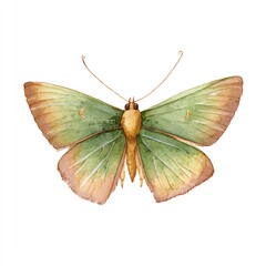 Obraz premium Elegant Watercolor Butterfly Delicate Wings, Vibrant Greens and Browns, Isolated on White Background