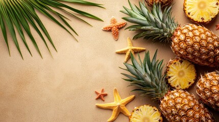 Tropical Summer Beach Background with Pineapples and Starfish