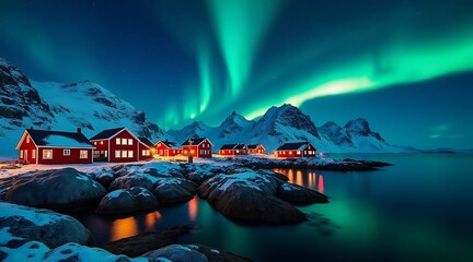 Red houses under green aurora borealis in snowy Norway northern lights