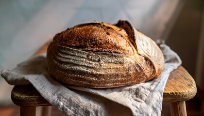 appetizing sourdough baguette bread with cracked crust and rugged texture on a rustic wooden stool with linen towel artisan farmhouse style loaf captured in warm natural lighting