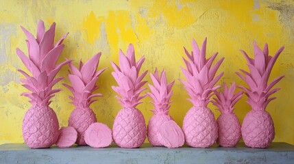 Pink Pineapple Sculptures Against Yellow Wall