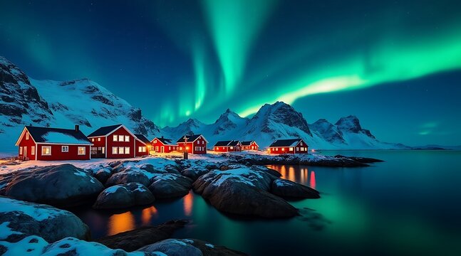 Red houses under green aurora borealis in snowy Norway northern lights