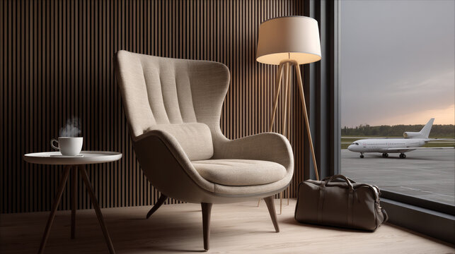 Modern airport lounge with cozy armchair, floor lamp, coffee table, hot drink, leather bag, and airplane outside window, calm atmosphere