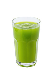 Glass filled with vibrant green juice sits against a stark black backdrop, showcasing freshness