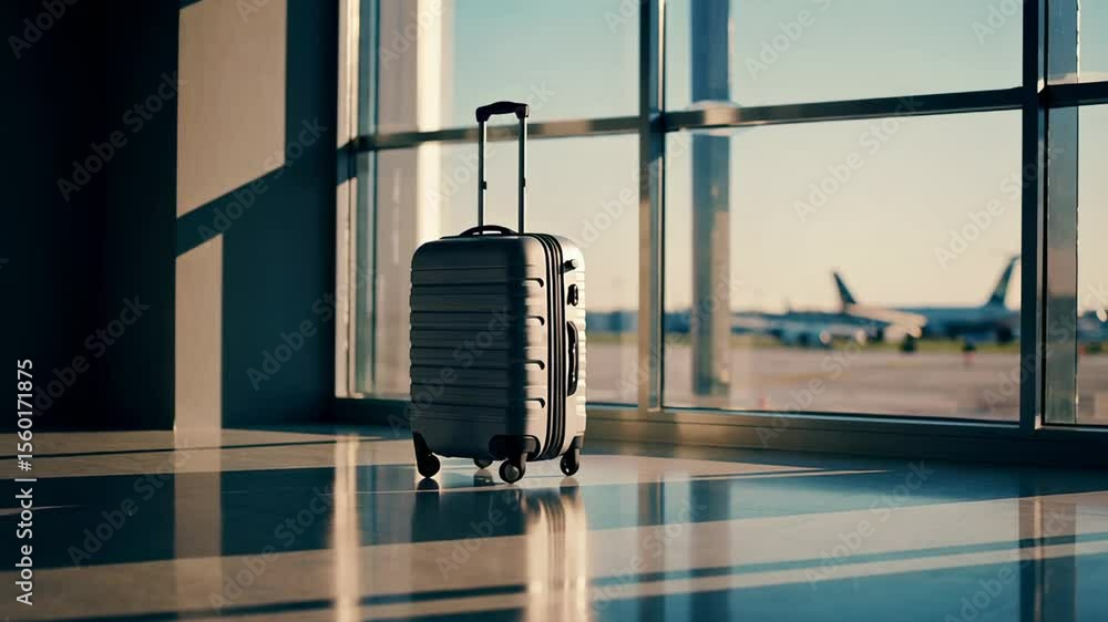 Poster modern gray polycarbonate suitcase stands on wheels in empty airport terminal by large panoramic win