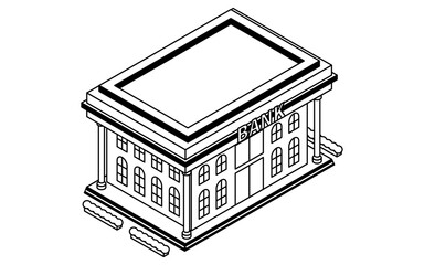 Isometric line art illustration of a bank building in a simple and minimal style, black and white