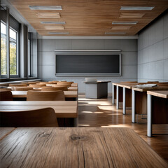 Empty classroom with wooden desk, modern chair, large window, sunlight, blackboard, and podium, creating calm academic atmosphere