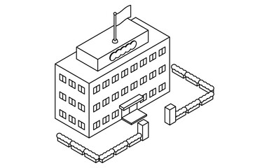Isometric line art illustration of a government office with a national flag displayed, black and white