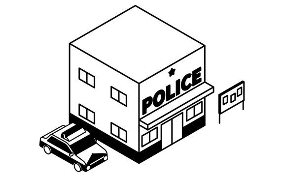 black and white isometric police station and car clip art preview