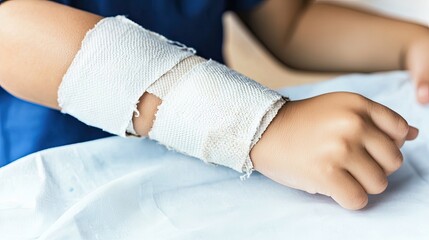 Obraz premium A child's arm with a white bandage wrapped around the wrist. The arm is resting on a white surface, indicating a medical or healing context.