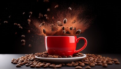 a red cup overflowing with coffee beans creating an explosive visual effect
