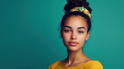 Young Woman with Top Knot Hairstyle and Yellow Shirt