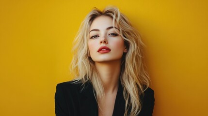 Blonde Woman Posing Against Yellow Background