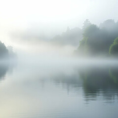 Fototapeta premium fog, mist, foggy, misty, ethereal, mysterious, atmospheric, serene, peaceful, tranquil, calm, quiet, subdued, soft, blurred, obscured, hazy, lake, water, reflection, nature, landscape, outdoor, gloomy